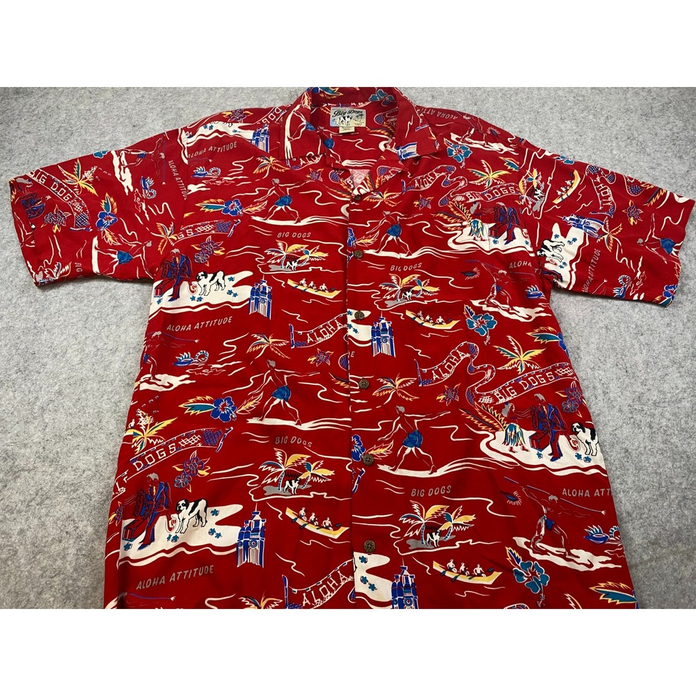Big Dogs Aloha Alpha Attitude Hawaiian Shirt Red Rayon Short Sleeve Men's Small